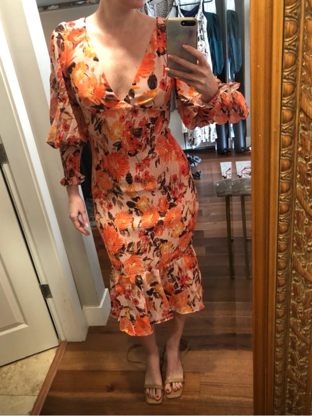 Orange Floral V-Neck Smocked Midi Dress